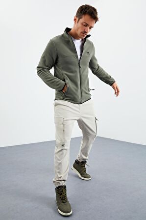 Çağla Yazı Nakışlı Dik Yaka Fermuarlı Standart Kalıp Erkek Sweatshirt Polar - 87992 | L
