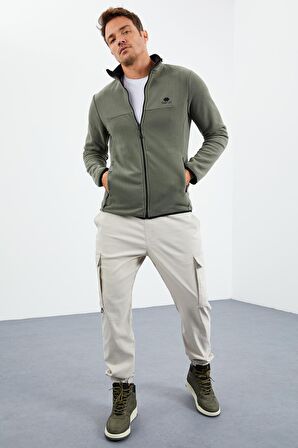 Çağla Yazı Nakışlı Dik Yaka Fermuarlı Standart Kalıp Erkek Sweatshirt Polar - 87992 | L