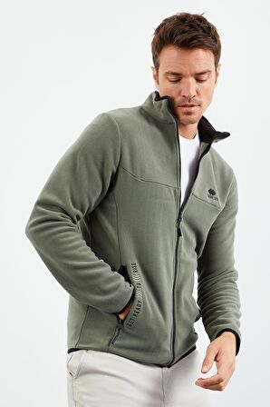 Çağla Yazı Nakışlı Dik Yaka Fermuarlı Standart Kalıp Erkek Sweatshirt Polar - 87992 | M