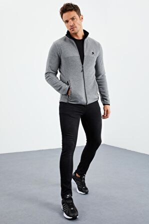 Gri Melanj Yazı Nakışlı Dik Yaka Fermuarlı Standart Kalıp Erkek Sweatshirt Polar - 87992 | M