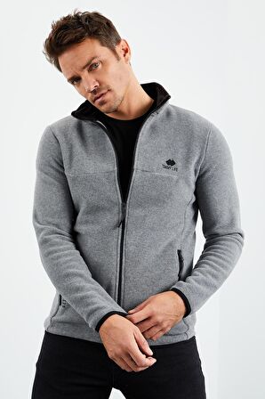 Gri Melanj Yazı Nakışlı Dik Yaka Fermuarlı Standart Kalıp Erkek Sweatshirt Polar - 87992 | M