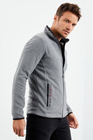 Gri Melanj Yazı Nakışlı Dik Yaka Fermuarlı Standart Kalıp Erkek Sweatshirt Polar - 87992 | XL