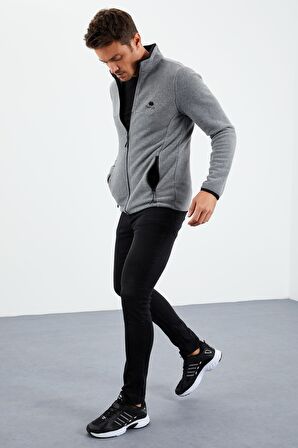Gri Melanj Yazı Nakışlı Dik Yaka Fermuarlı Standart Kalıp Erkek Sweatshirt Polar - 87992 | XL