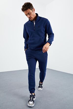 İndigo Yarım Fermuar Dik Yaka Lastik Paça Polar Erkek Eşofman Takımı - 85159 | XL