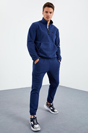 İndigo Yarım Fermuar Dik Yaka Lastik Paça Polar Erkek Eşofman Takımı - 85159 | XL