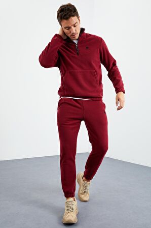 Erguvan Yarım Fermuar Dik Yaka Lastik Paça Polar Erkek Eşofman Takımı - 85159 | XL