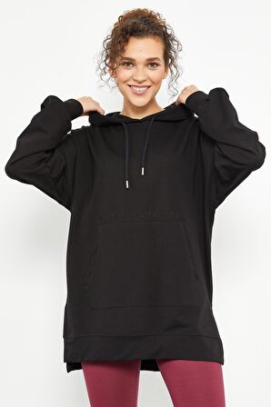 Siyah Balon Kol Yazı Nakışlı Kadın Oversize Tunik Sweatshirt - 97163 | S