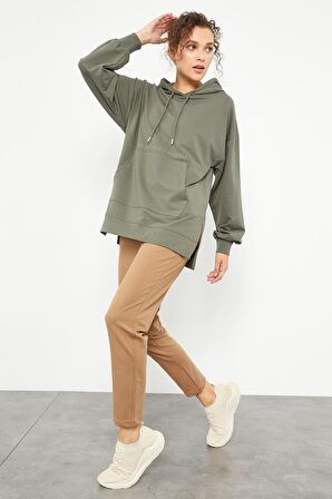 Çağla Balon Kol Yazı Nakışlı Kadın Oversize Tunik Sweatshirt - 97163 | L