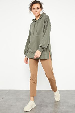 Çağla Balon Kol Yazı Nakışlı Kadın Oversize Tunik Sweatshirt - 97163 | L