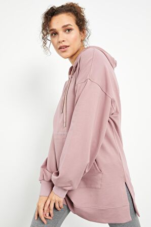 Gül Kurusu Balon Kol Yazı Nakışlı Kadın Oversize Tunik Sweatshirt - 97163 | S