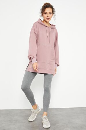 Gül Kurusu Balon Kol Yazı Nakışlı Kadın Oversize Tunik Sweatshirt - 97163 | S