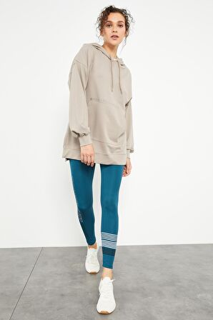 Koyu Bej Balon Kol Yazı Nakışlı Kadın Oversize Tunik Sweatshirt - 97163 | M