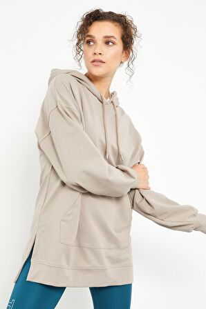 Koyu Bej Balon Kol Yazı Nakışlı Kadın Oversize Tunik Sweatshirt - 97163 | M