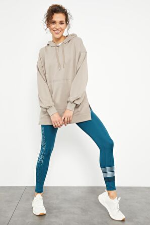 Koyu Bej Balon Kol Yazı Nakışlı Kadın Oversize Tunik Sweatshirt - 97163 | M