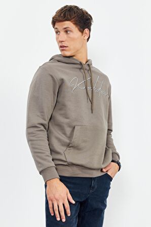 Camel El Yazısı Nakışlı Kapüşonlu Rahat Form Erkek Sweatshirt - 88007 | L
