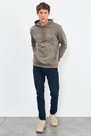 Camel El Yazısı Nakışlı Kapüşonlu Rahat Form Erkek Sweatshirt - 88007 | L