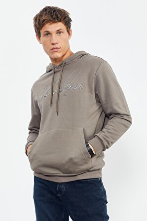 Camel El Yazısı Nakışlı Kapüşonlu Rahat Form Erkek Sweatshirt - 88007 | L