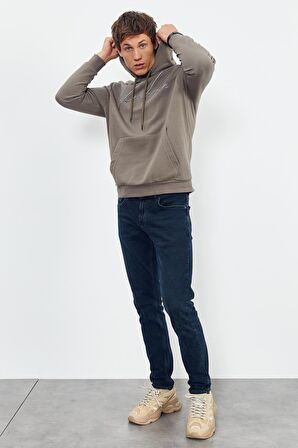 Camel El Yazısı Nakışlı Kapüşonlu Rahat Form Erkek Sweatshirt - 88007 | L
