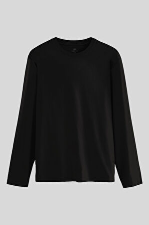 Siyah Standart Fit Basic O Yaka Uzun Kollu İnce Erkek T-Shirt - 87997
