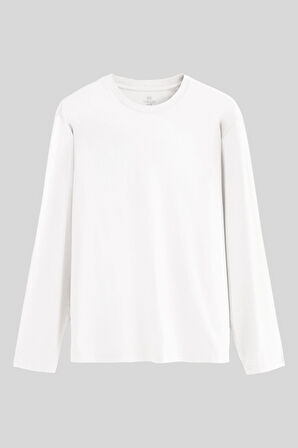 Beyaz Standart Fit Basic O Yaka Uzun Kollu İnce Erkek T-Shirt- 87997