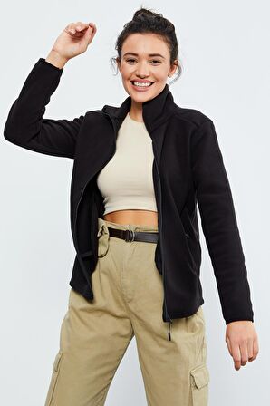 Siyah Dik Yaka Fermuarlı Rahat Form Kadın Polar Sweatshirt - 97173 | XL
