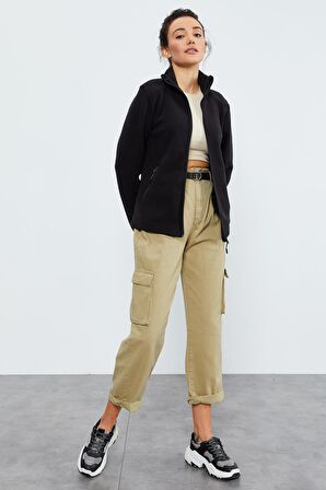 Siyah Dik Yaka Fermuarlı Rahat Form Kadın Polar Sweatshirt - 97173 | XL
