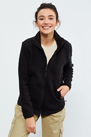 Siyah Dik Yaka Fermuarlı Rahat Form Kadın Polar Sweatshirt - 97173 | XL