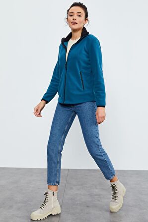 Zümrüt Dik Yaka Fermuarlı Rahat Form Kadın Polar Sweatshirt - 97173 | XXL