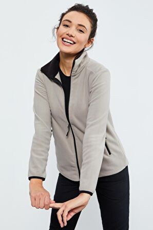 Koyu Bej Dik Yaka Fermuarlı Rahat Form Kadın Polar Sweatshirt - 97173 | M