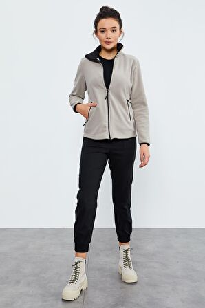 Koyu Bej Dik Yaka Fermuarlı Rahat Form Kadın Polar Sweatshirt - 97173 | S