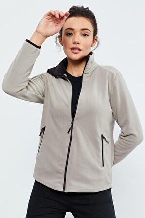 Koyu Bej Dik Yaka Fermuarlı Rahat Form Kadın Polar Sweatshirt - 97173 | XL