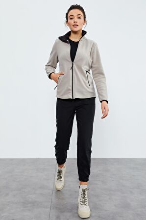 Koyu Bej Dik Yaka Fermuarlı Rahat Form Kadın Polar Sweatshirt - 97173 | XL