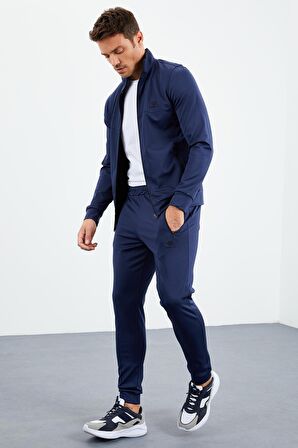 İndigo Dik Yaka Fermuarlı Standart Kalıp Manşetli Erkek Eşofman Takım - 85160 | M
