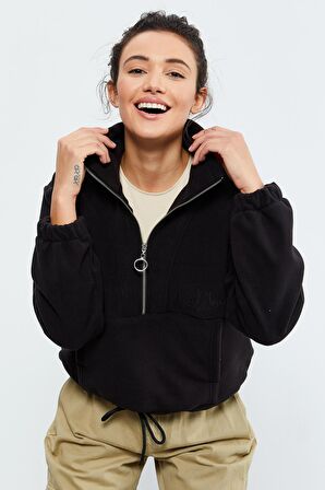 Siyah Yarım Fermuar Etek Ucu Büzgülü Kadın Polar Oversize Sweatshirt - 97171 | XL
