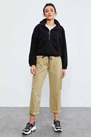 Siyah Yarım Fermuar Etek Ucu Büzgülü Kadın Polar Oversize Sweatshirt - 97171 | XL