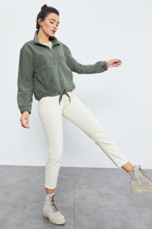 Çağla Yarım Fermuar Etek Ucu Büzgülü Kadın Polar Oversize Sweatshirt - 97171 | XL