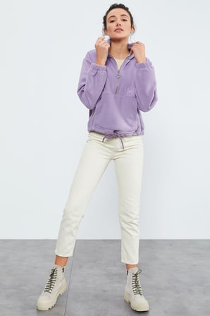 Eflatun Yarım Fermuar Etek Ucu Büzgülü Kadın Polar Oversize Sweatshirt - 97171 | L