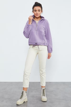 Eflatun Yarım Fermuar Etek Ucu Büzgülü Kadın Polar Oversize Sweatshirt - 97171 | M