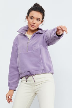 Eflatun Yarım Fermuar Etek Ucu Büzgülü Kadın Polar Oversize Sweatshirt - 97171 | M
