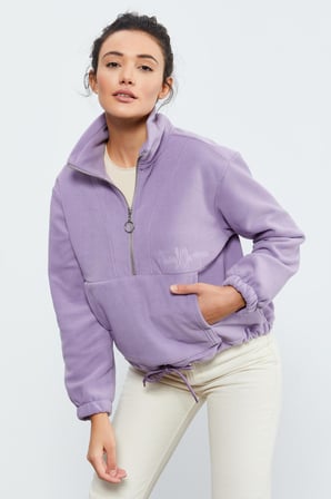 Eflatun Yarım Fermuar Etek Ucu Büzgülü Kadın Polar Oversize Sweatshirt - 97171 | S