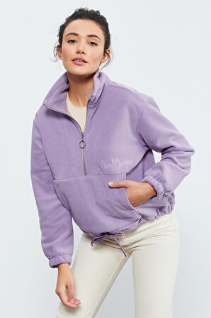 Eflatun Yarım Fermuar Etek Ucu Büzgülü Kadın Polar Oversize Sweatshirt - 97171 | XXL