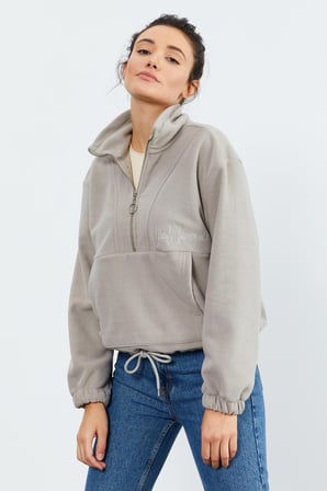 Koyu Bej Yarım Fermuar Etek Ucu Büzgülü Kadın Polar Oversize Sweatshirt - 97171 | M