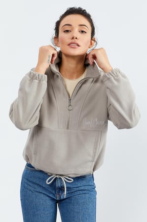 Koyu Bej Yarım Fermuar Etek Ucu Büzgülü Kadın Polar Oversize Sweatshirt - 97171 | M