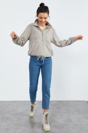Koyu Bej Yarım Fermuar Etek Ucu Büzgülü Kadın Polar Oversize Sweatshirt - 97171 | S