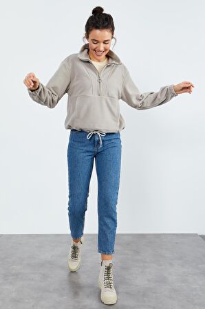 Koyu Bej Yarım Fermuar Etek Ucu Büzgülü Kadın Polar Oversize Sweatshirt - 97171 | XXL