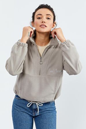 Koyu Bej Yarım Fermuar Etek Ucu Büzgülü Kadın Polar Oversize Sweatshirt - 97171 | XXL