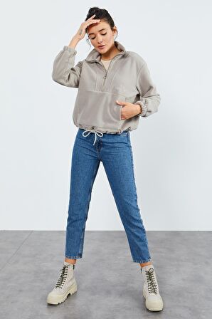 Koyu Bej Yarım Fermuar Etek Ucu Büzgülü Kadın Polar Oversize Sweatshirt - 97171 | XXL