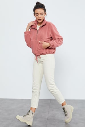Yaban Gülü Yarım Fermuar Etek Ucu Büzgülü Kadın Polar Oversize Sweatshirt - 97171 | M