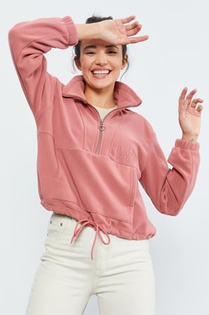 Yaban Gülü Yarım Fermuar Etek Ucu Büzgülü Kadın Polar Oversize Sweatshirt - 97171 | M