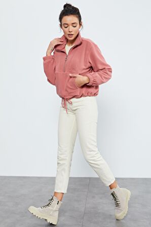 Yaban Gülü Yarım Fermuar Etek Ucu Büzgülü Kadın Polar Oversize Sweatshirt - 97171 | S